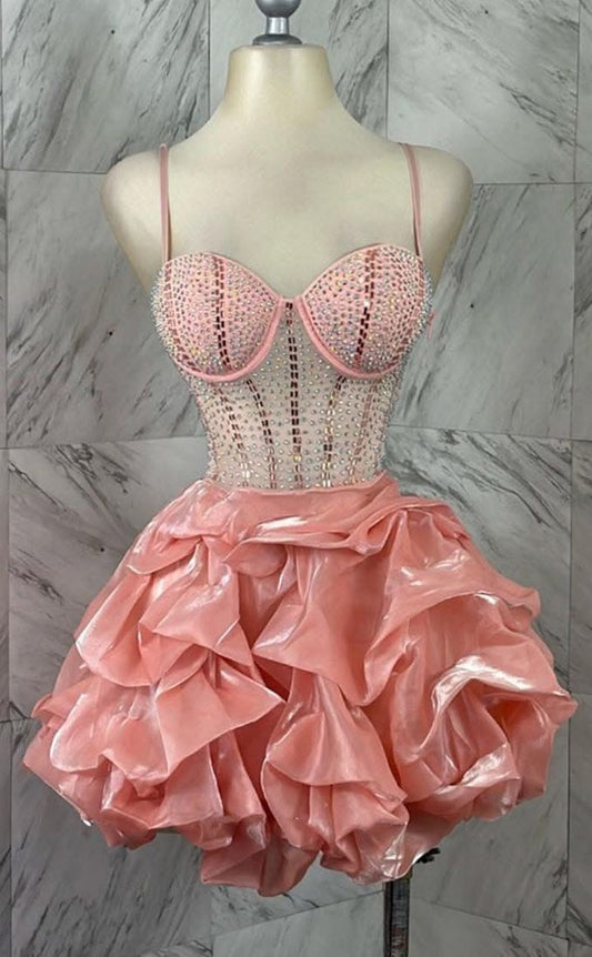 Elegant Spaghetti Straps Homecoming Dress Pink Sequins Satin A-Line Birthday Dress D0551