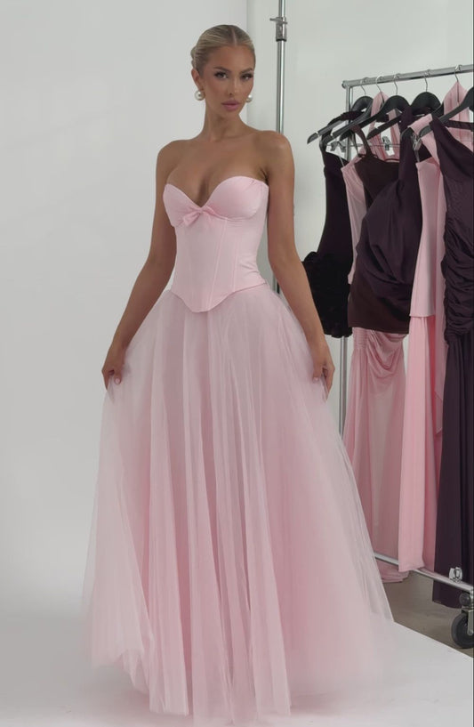 Lovely Strapless Pink Prom Dress Tulle A-Line Evening Dress D0558