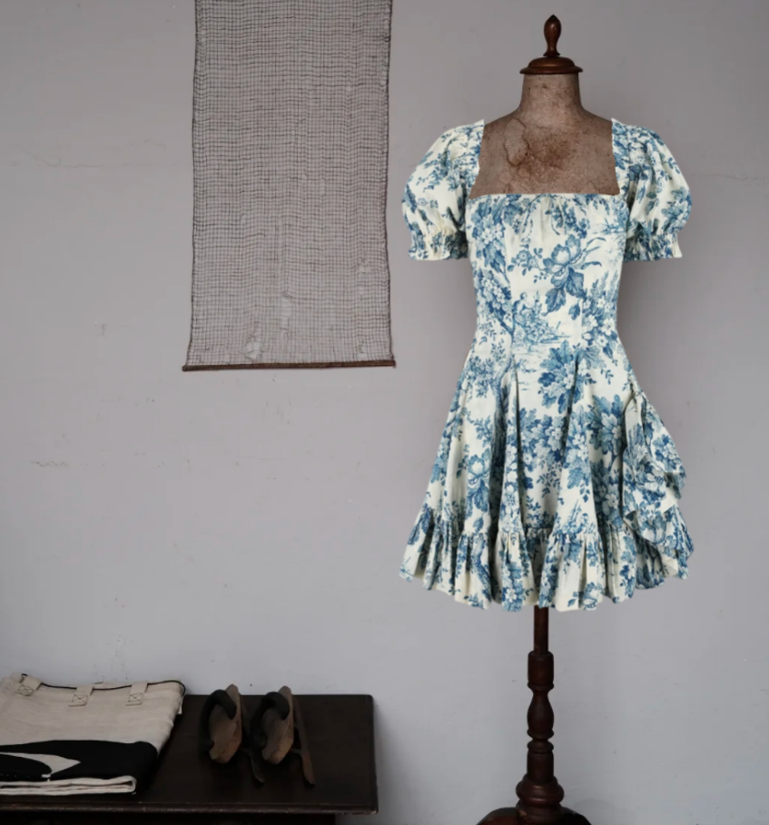 Vintage Square Neck Homecoming Dress Floral Short Sleeve A-Line Birthday Dress D0559