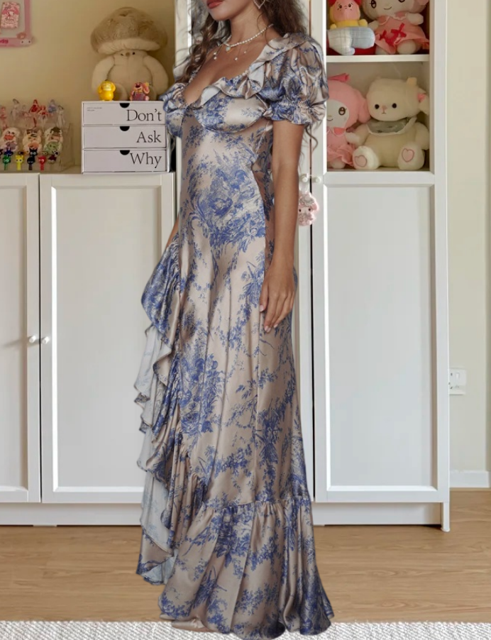 Robe de bal de princesse bustier à volants en satin long, robe de soirée C8117