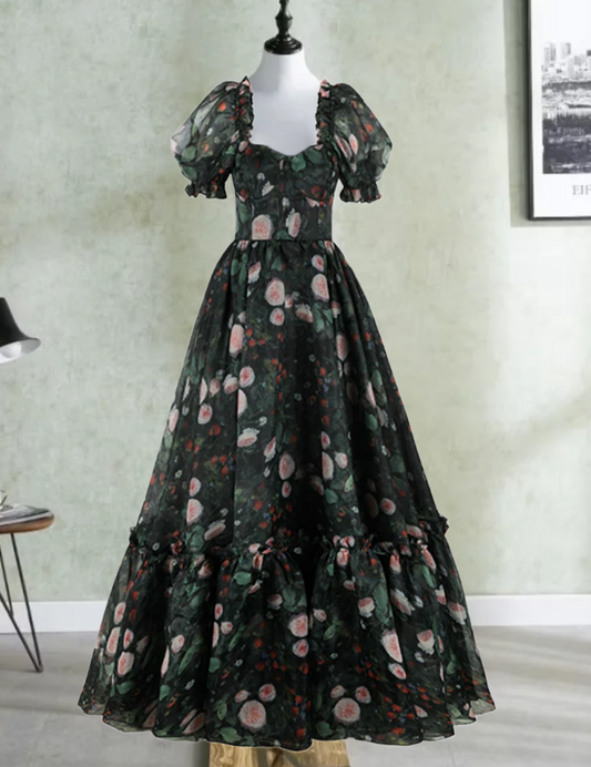 Trendy Square Neck Floral Prom Dress Ruffles Short Sleeve A-Line Evening Dress D0561