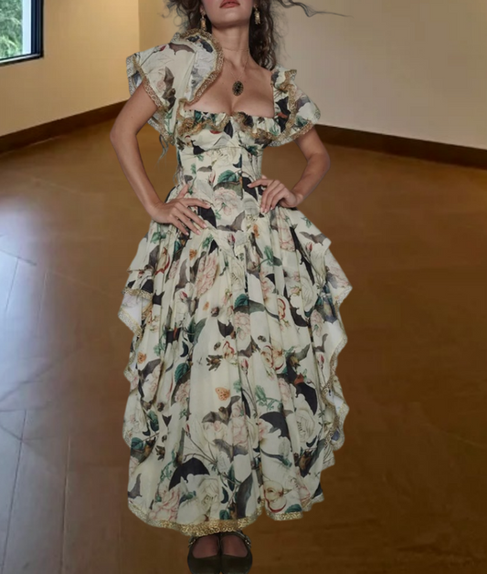 Sleek Square Neck Floral Prom Dress Ruffles Lace Short Sleeve A-Line Evening Dress D0563