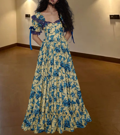 Attractive Square Neck Floral Prom Dress Ruffles Lace Short Sleeve A-Line Evening Dress D0564