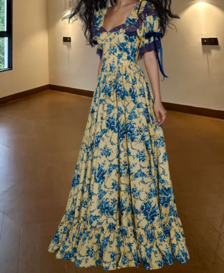 Attractive Square Neck Floral Prom Dress Ruffles Lace Short Sleeve A-Line Evening Dress D0564