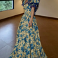 Attractive Square Neck Floral Prom Dress Ruffles Lace Short Sleeve A-Line Evening Dress D0564