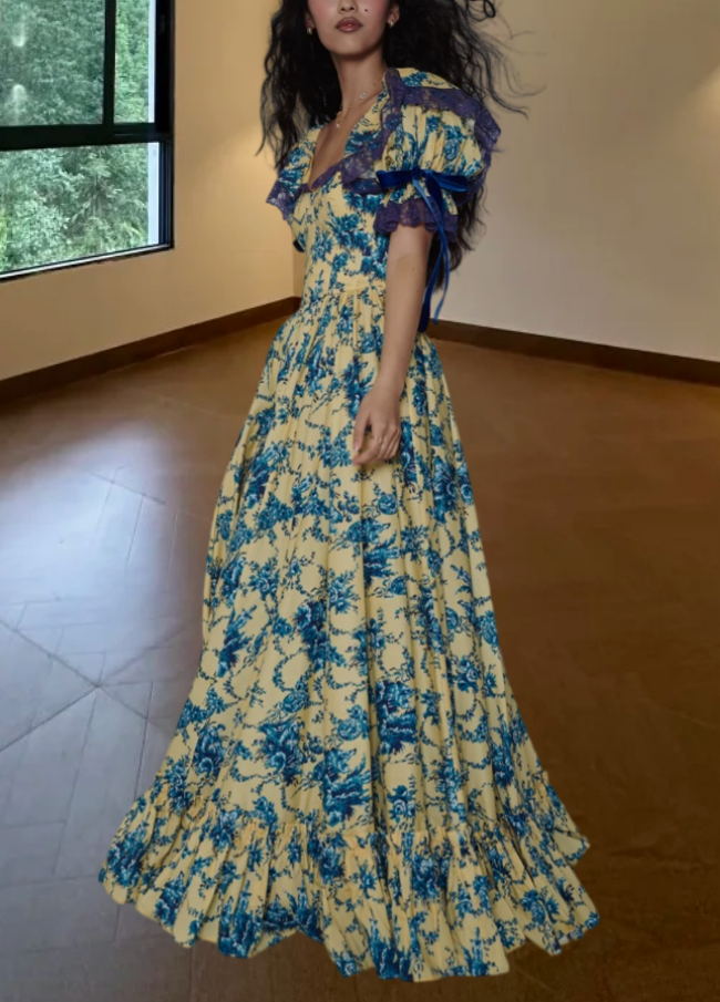 Attractive Square Neck Floral Prom Dress Ruffles Lace Short Sleeve A-Line Evening Dress D0564