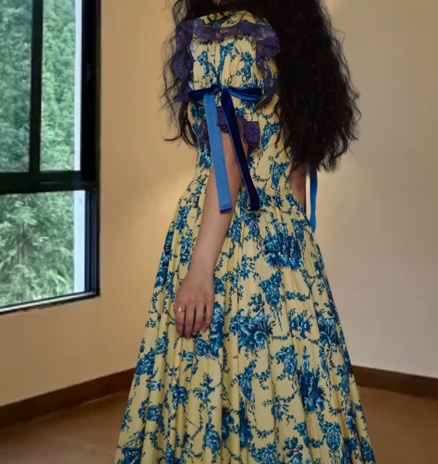 Attractive Square Neck Floral Prom Dress Ruffles Lace Short Sleeve A-Line Evening Dress D0564