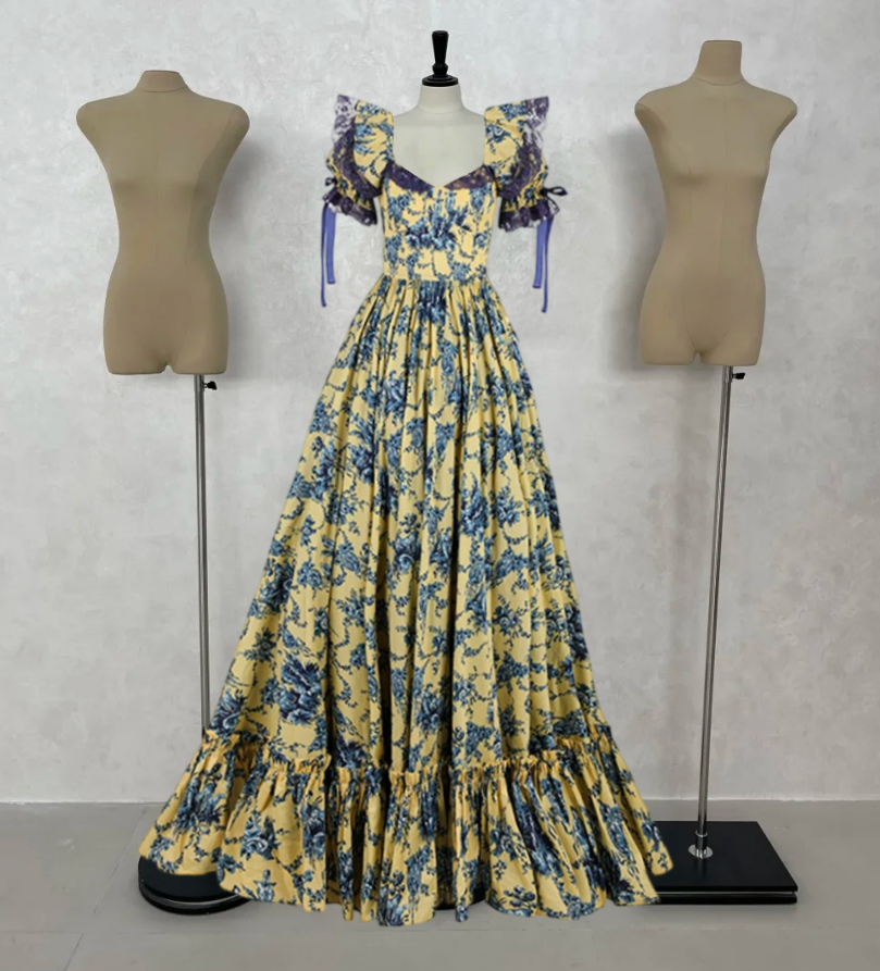 Attractive Square Neck Floral Prom Dress Ruffles Lace Short Sleeve A-Line Evening Dress D0564