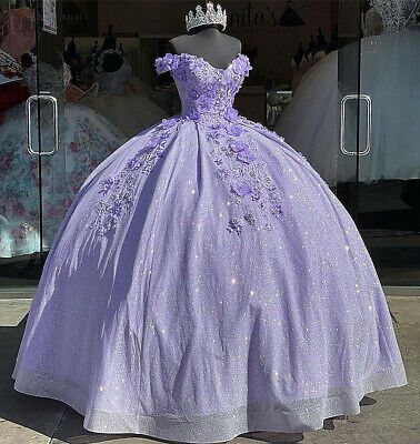 Dreamy Ball Gown Sequins Quinceanera Dresses Off-Shoulder Appliques Purple Sweet 16 Dresses D0567