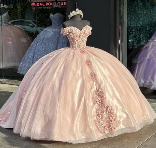 Adorable Ball Gown Sequins Quinceanera Dresses Off-Shoulder Appliques Pink Sweet 16 Dresses D0568
