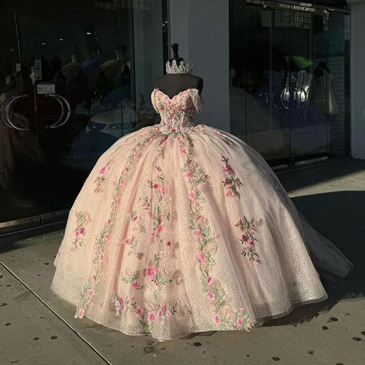 Alluring Ball Gown Sequins Quinceanera Dresses Off-Shoulder Appliques Pink Sweet 16 Dresses D0569