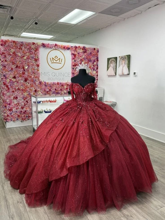 Charming Ball Gown Sequins Quinceanera Dresses Red Off-Shoulder Tulle Sweet 16 Dresses D0570