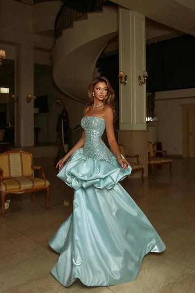 Chic Mint Green Strapless Prom Dress Sequins Satin A-Line Evening Dress D0571