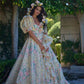 Lovely Square Neck Slit Prom Dress Ruffles Floral Short Sleeve A-Line Evening Dress D0576