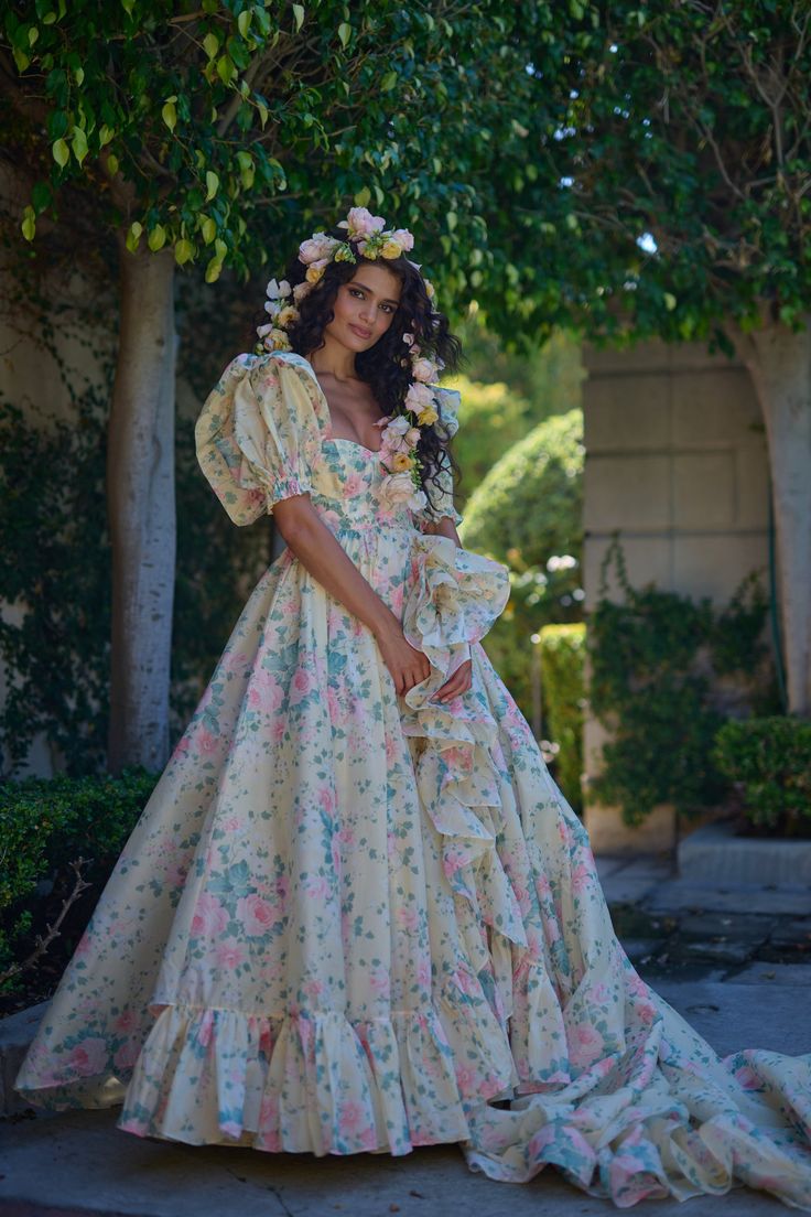 Lovely Square Neck Slit Prom Dress Ruffles Floral Short Sleeve A-Line Evening Dress D0576