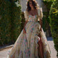 Lovely Square Neck Slit Prom Dress Ruffles Floral Short Sleeve A-Line Evening Dress D0576