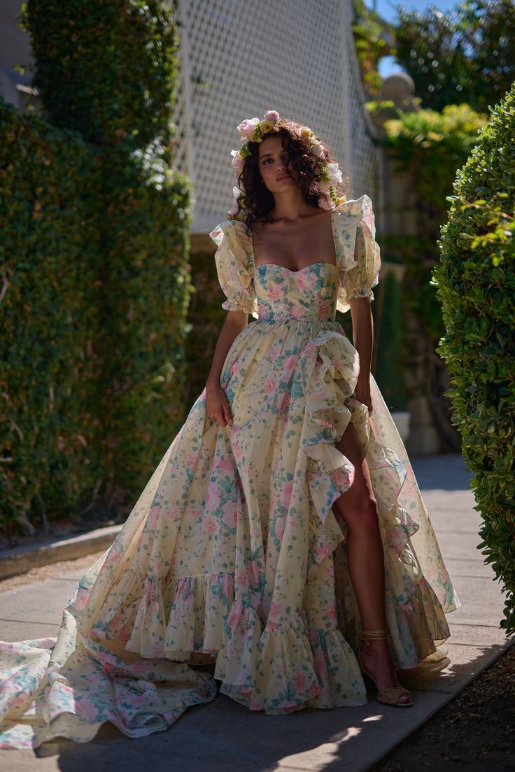 Lovely Square Neck Slit Prom Dress Ruffles Floral Short Sleeve A-Line Evening Dress D0576
