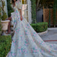 Lovely Square Neck Slit Prom Dress Ruffles Floral Short Sleeve A-Line Evening Dress D0576