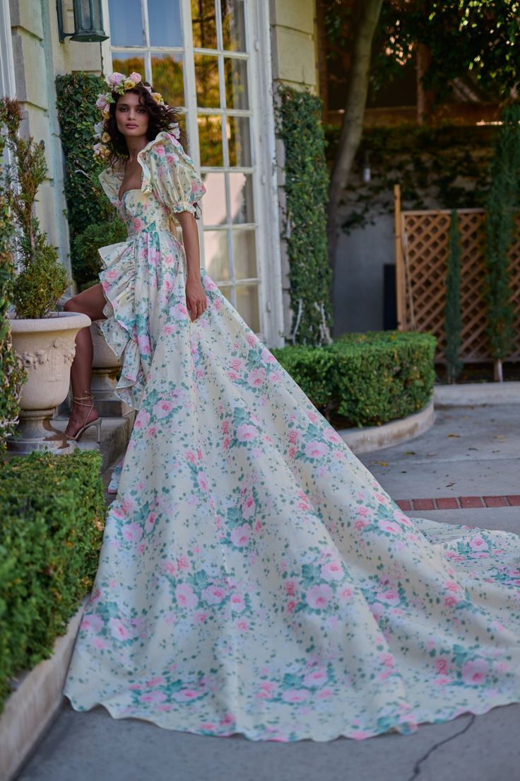 Lovely Square Neck Slit Prom Dress Ruffles Floral Short Sleeve A-Line Evening Dress D0576