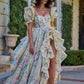 Lovely Square Neck Slit Prom Dress Ruffles Floral Short Sleeve A-Line Evening Dress D0576