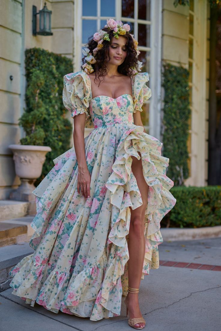Lovely Square Neck Slit Prom Dress Ruffles Floral Short Sleeve A-Line Evening Dress D0576