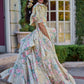 Lovely Square Neck Slit Prom Dress Ruffles Floral Short Sleeve A-Line Evening Dress D0576