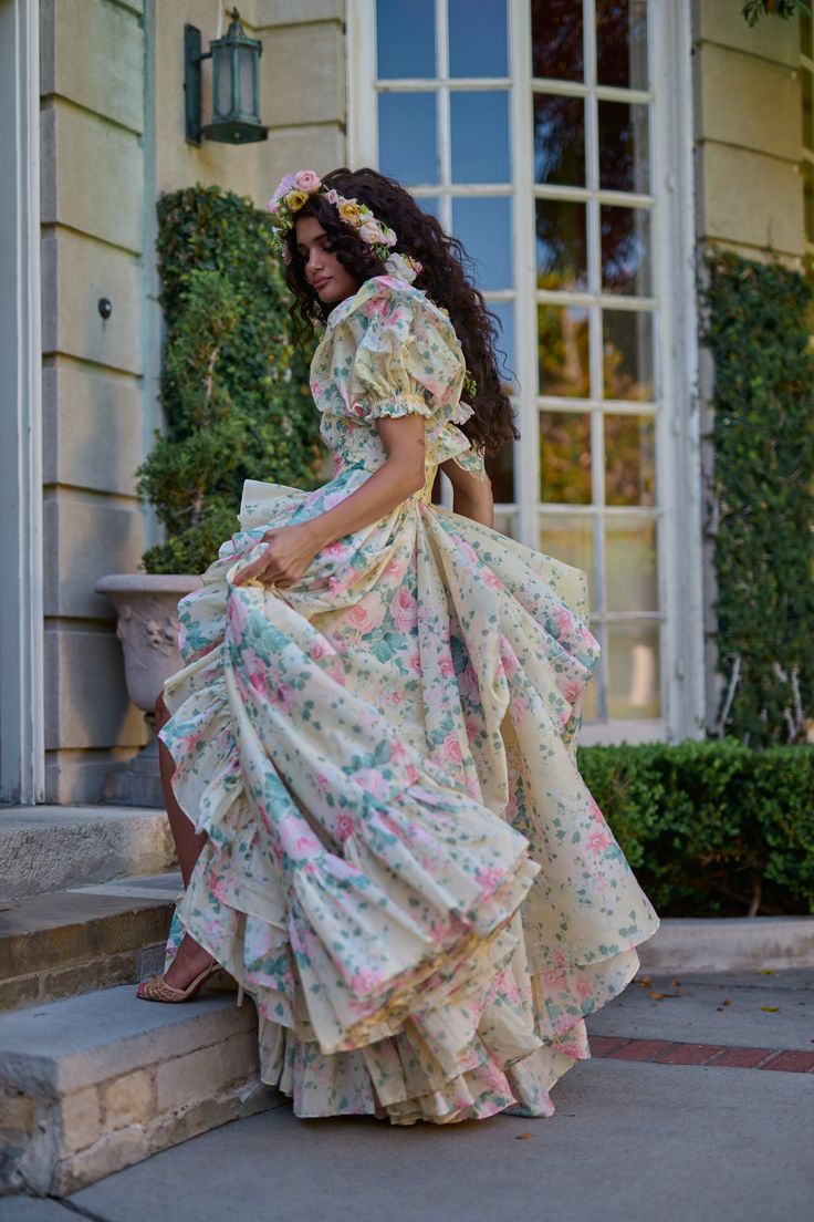 Lovely Square Neck Slit Prom Dress Ruffles Floral Short Sleeve A-Line Evening Dress D0576