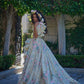 Lovely Square Neck Slit Prom Dress Ruffles Floral Short Sleeve A-Line Evening Dress D0576