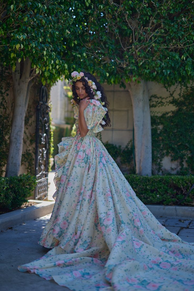 Lovely Square Neck Slit Prom Dress Ruffles Floral Short Sleeve A-Line Evening Dress D0576