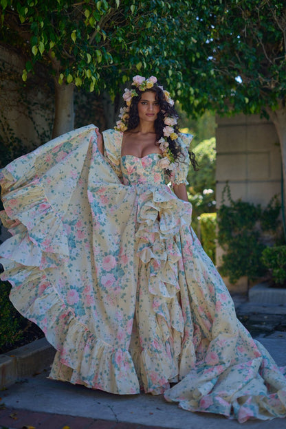 Lovely Square Neck Slit Prom Dress Ruffles Floral Short Sleeve A-Line Evening Dress D0576