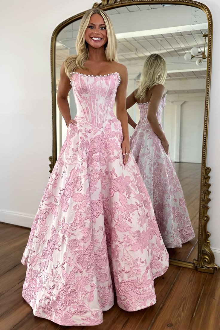 Trendy Strapless Floral Prom Dress Beads A-Line Evening Dress D0577
