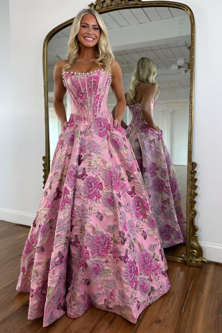 Trendy Strapless Floral Prom Dress Beads A-Line Evening Dress D0577