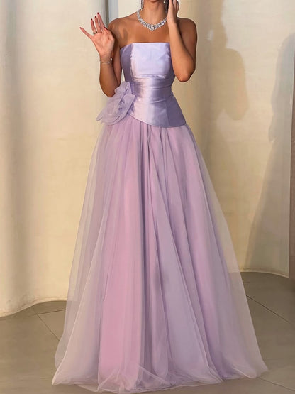 Ornate Strapless Purple Prom Dress Satin Tulle A-Line Evening Dress D0579