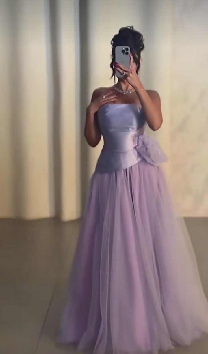 Ornate Strapless Purple Prom Dress Satin Tulle A-Line Evening Dress D0579
