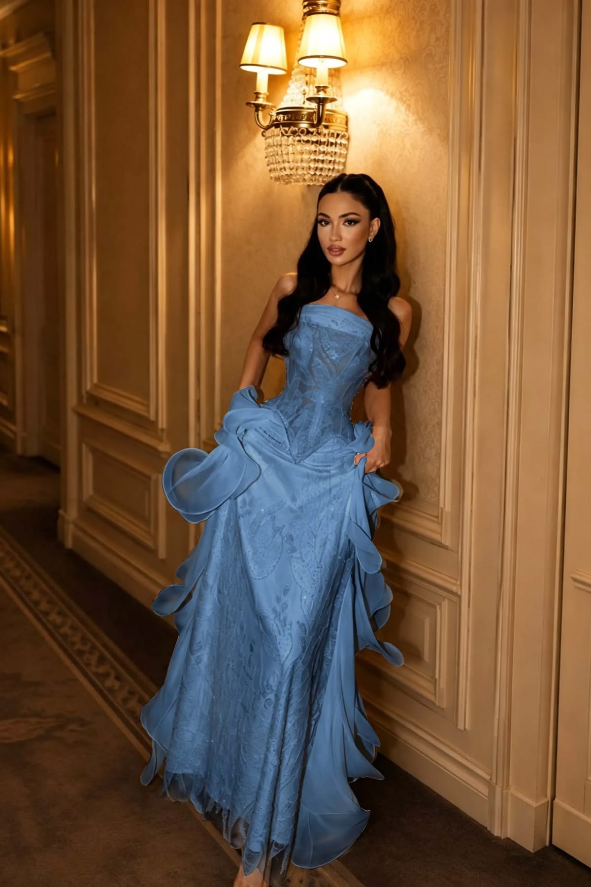 Robe de bal de princesse bustier à volants en satin long, robe de soirée C8117
