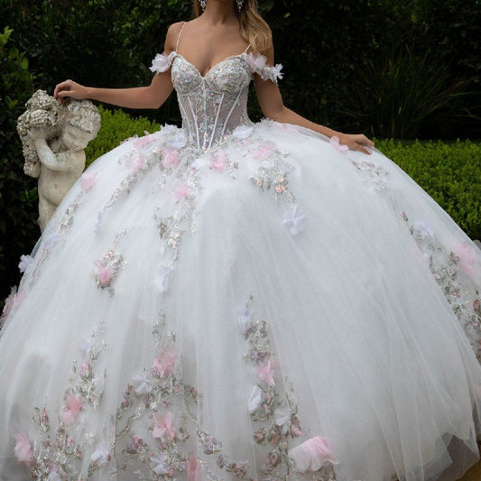 Graceful Ball Gown White Tulle Quinceanera Dresses Off The Shoulder Appliques Sweet 16 Dresses D0584