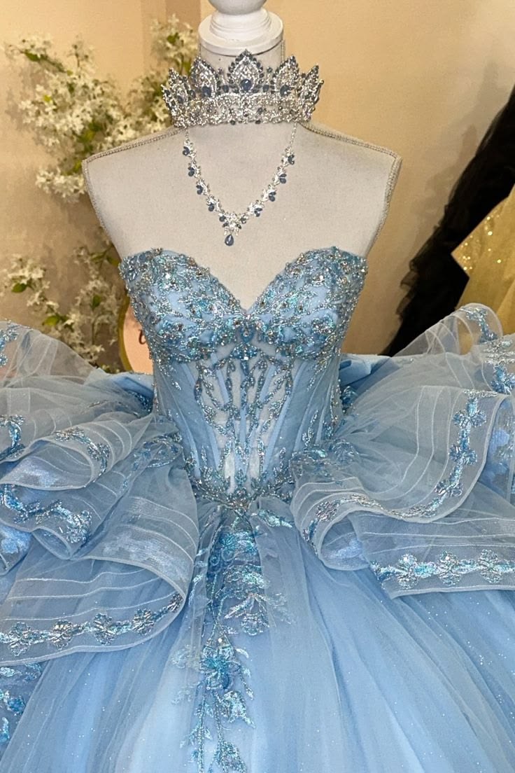 Fascinating Ball Gown Blue Quinceanera Dresses Strapless Appliques Sequins Sweet 16 Dresses D0586