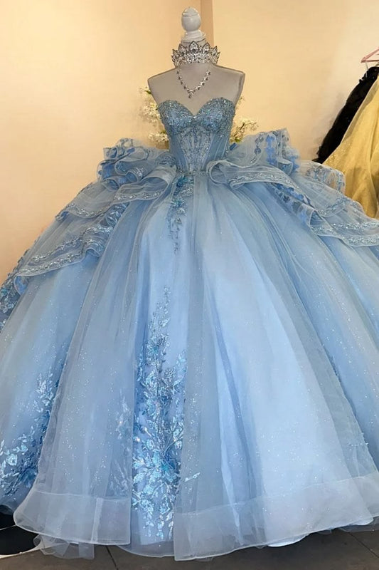 Fascinating Ball Gown Blue Quinceanera Dresses Strapless Appliques Sequins Sweet 16 Dresses D0586