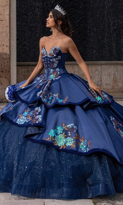 Beautiful Ball Gown Blue Tulle Quinceanera Dresses Strapless Sequins Satin Sweet 16 Dresses D0589