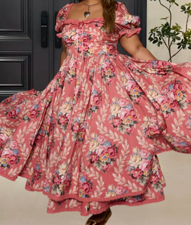 Retro Square Neck Pink Prom Dress Floral Long Sleeve A-Line Evening Dress D0591