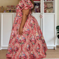 Retro Square Neck Pink Prom Dress Floral Long Sleeve A-Line Evening Dress D0591