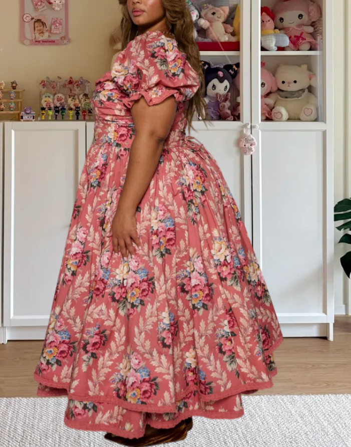 Retro Square Neck Pink Prom Dress Floral Long Sleeve A-Line Evening Dress D0591
