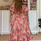 Retro Square Neck Pink Prom Dress Floral Long Sleeve A-Line Evening Dress D0591