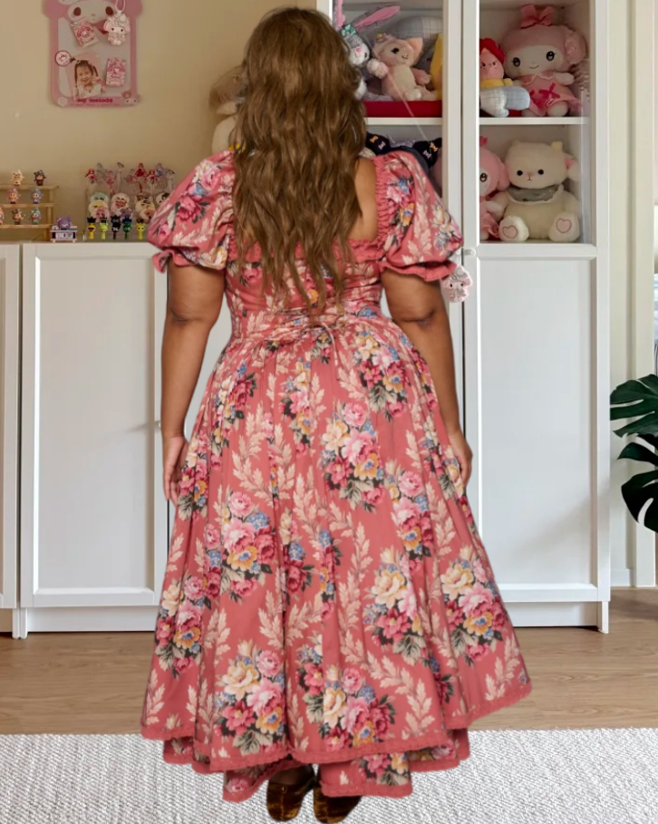 Retro Square Neck Pink Prom Dress Floral Long Sleeve A-Line Evening Dress D0591