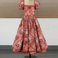 Retro Square Neck Pink Prom Dress Floral Long Sleeve A-Line Evening Dress D0591