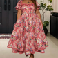 Retro Square Neck Pink Prom Dress Floral Long Sleeve A-Line Evening Dress D0591