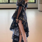Playful Square Neck Black Prom Dress Floral Ruffles Short Sleeve A-Line Evening Dress D0592