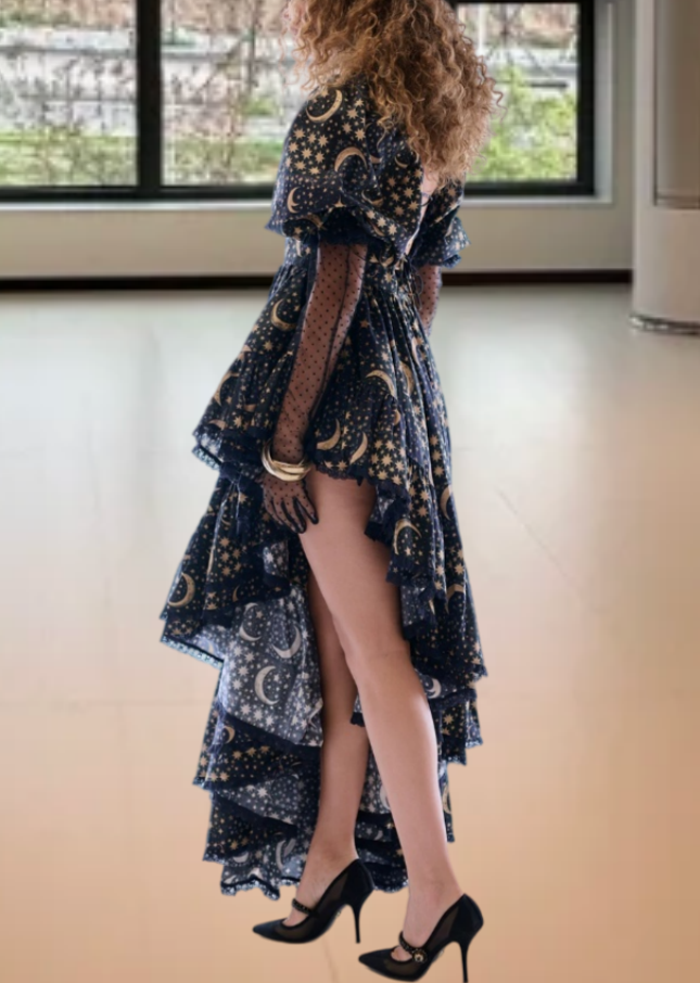 Playful Square Neck Black Prom Dress Floral Ruffles Short Sleeve A-Line Evening Dress D0592