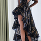 Playful Square Neck Black Prom Dress Floral Ruffles Short Sleeve A-Line Evening Dress D0592