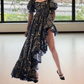 Playful Square Neck Black Prom Dress Floral Ruffles Short Sleeve A-Line Evening Dress D0592